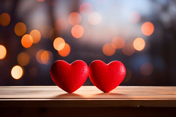 Close-up photo of a pair of red hearts on a table with a blurred garland in the evening background. Symbol of a romantic date for Valentine's Day or wedding. Design for banner, poster, invitation.