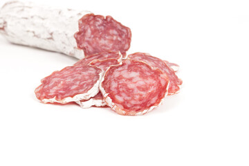 slices of salami isolated on a white