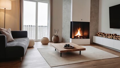 Interior design of a modern Scandinavian-style living room with fireplaces