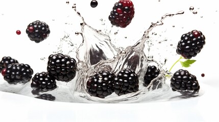 Falling blackberries, isolated on white: Up-close and juicy imagery - Generative AI