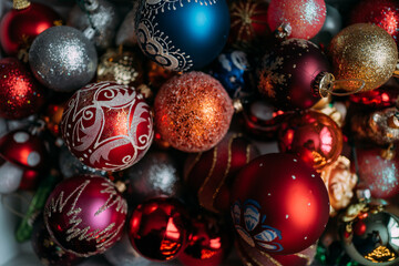 Fototapeta na wymiar Christmas glass balls on the Christmas tree in different colors and with different patterns. The traditional annual decoration of the Christmas tree with balloons