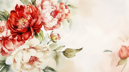 Pink Peonies background: Often associated with romance, prosperity, and bashfulness, valentine theme, mother's day, watercolor, copy space.