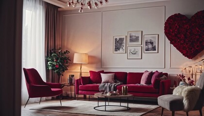 interior design of a modern living room for lovers, interior of a room for Valentine's day, living room in pink and red tones