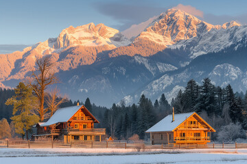 beautiful mountain landscape and a cozy wooden house in a snowy forest. Vacation and winter...