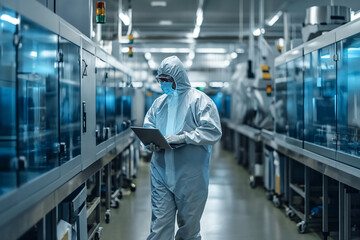 Fototapeta premium Young scientists conduct research in a medical laboratory, a researcher uses a microscope. Laboratory research concept. Biochemical Research Group. Scientist doing tests