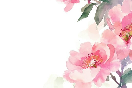 Beautiful pink peonies roses on watercolor background with copy space.