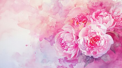 Beautiful bouquet of fresh pink peony flowers in full bloom on watercolor background.