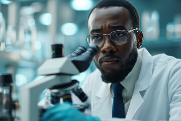 Obraz premium Young scientists conduct research in a medical laboratory, a researcher uses a microscope. Laboratory research concept. Biochemical Research Group. Scientist doing tests