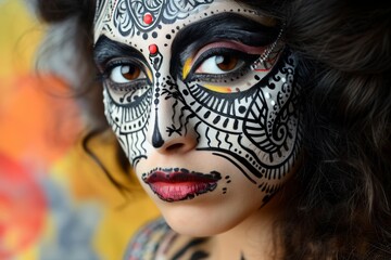 female face painting portrait, dark, white and colourful complexions. expressive eyes and lips, reminiscent of henna