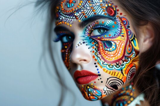 female face painting portrait, dark, white and colourful complexions. expressive eyes and lips, reminiscent of henna