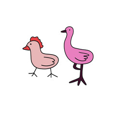 Hand drawn rooster and flamingo on a white background