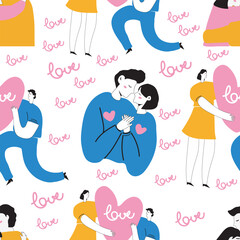 Seamlles pattern.Vector illustration. Happy valentine's day. Boy and girl cartoon character. All elements isolated