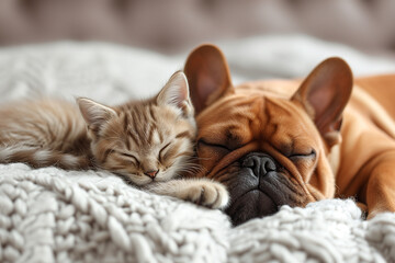 Pets. Cat and dog sleep together. The kitten and puppy are dozing. Pets. Animal care. Love and friendship.