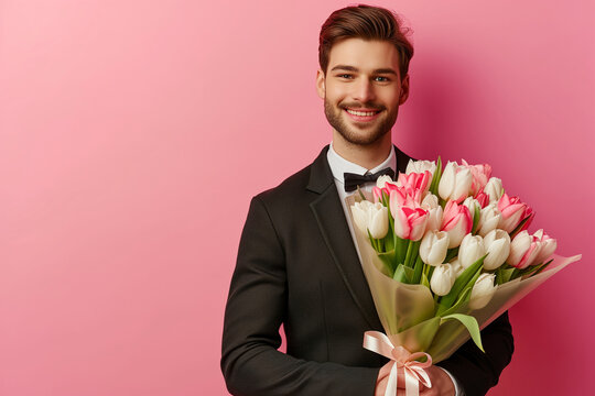 Young handsome man with a beautiful bouquet of flowers on a pink background. Concept for Valentine's Day, International Women's Day or Birthday. Holiday card. Place for text. Copy space.