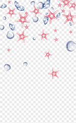 Ultramarine Scallop Background Transparent Vector. Shellfish Print Set. Creature Design. Orange Starfish Collection Illustration. Red Clam.