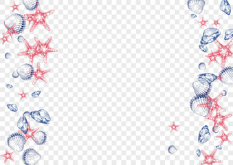 Red Shell Background Transparent Vector. Clam Maritime Graphic. Isolated Set. Gray Snail Tropical Design. Blue Starfish.