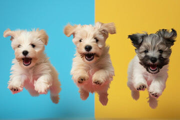 Pets. Different dog breeds together on a colored background. Dogs jumping on a bright background. Animal care. Love and friendship.