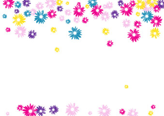 Fototapeta na wymiar Pink Chamomile Background White Vector. Flowers Graceful Card. Violet Floral Spring. Botanical Texture. Wallpaper Bright Leaf.