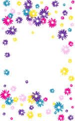 Blue Flowers Background White Vector. Daisy Summer Card. Purple Chamomile Retro. Style Illustration. Element Yellow Floral.