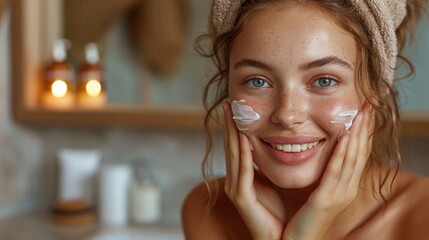 An attractive young woman applies a moisturizing anti-aging cream to her face in front of a bathroom mirror - obrazy, fototapety, plakaty
