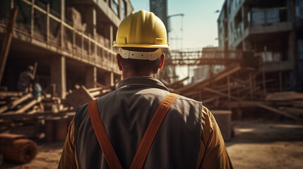 Construction worker or Engineer technician looking at construction site. male builder or architect foreman in protective helmet stands and looking away.