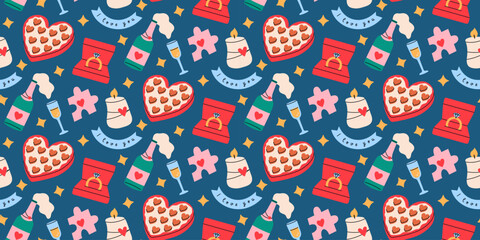 Seamless pattern with cute romantic elements on blue background. Valentine's day or February 14 concept. 