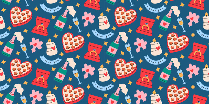 Seamless pattern with cute romantic elements on blue background. Valentine's day or February 14 concept. 