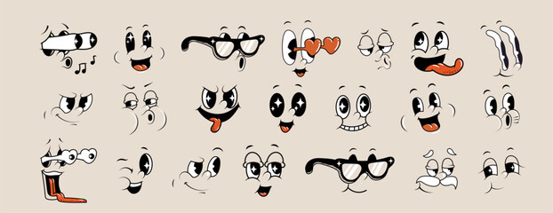 Cartoon retro faces. Vintage emotional face, old style funny eyes and mouth, different facial expression. Vector set	
