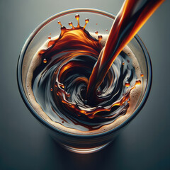 top-view, ultra-realistic close-up illustration of pouring coffee into a glass