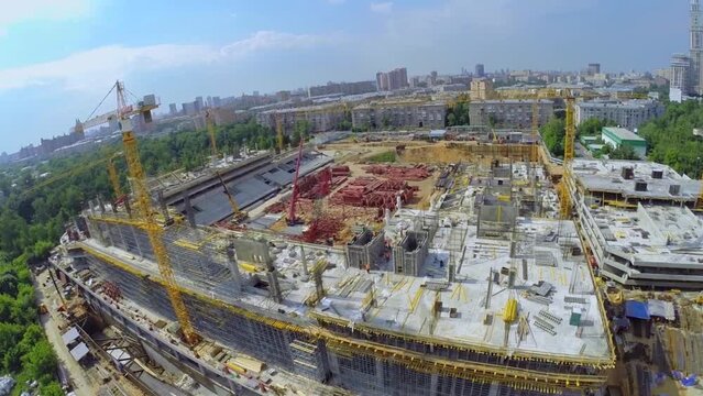 Cityscape with building site of soccer stadium CSKA at summer