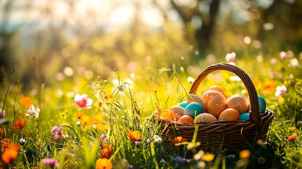 Rolgordijnen Easter eggs in a basket. Selective focus. © Erik