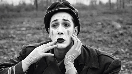 Portrait, the sad mime of war ruins. contemplates afflicted without losing his character, AI GENERATIVE
