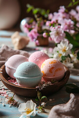Obraz premium colorful spa bath bombs. Selective focus.