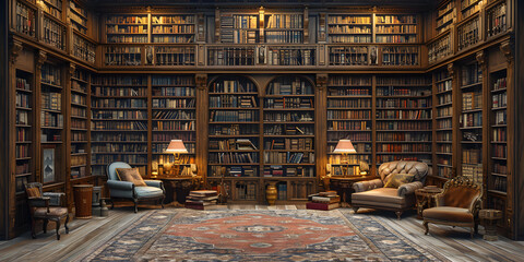 Interior of an old library with lots of books and vintage furniture. Cabinet design.