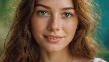 Young Redhead with Freckles and Radiant Smile: Emerald-Eyed Beauty in Soft Light