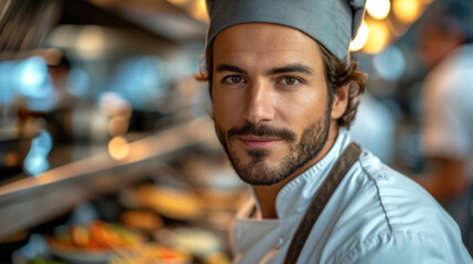 Fototapeta premium In a kitchen, wearing a chef's hat and apron