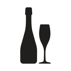 Black silhouette of a champagne bottle and glass