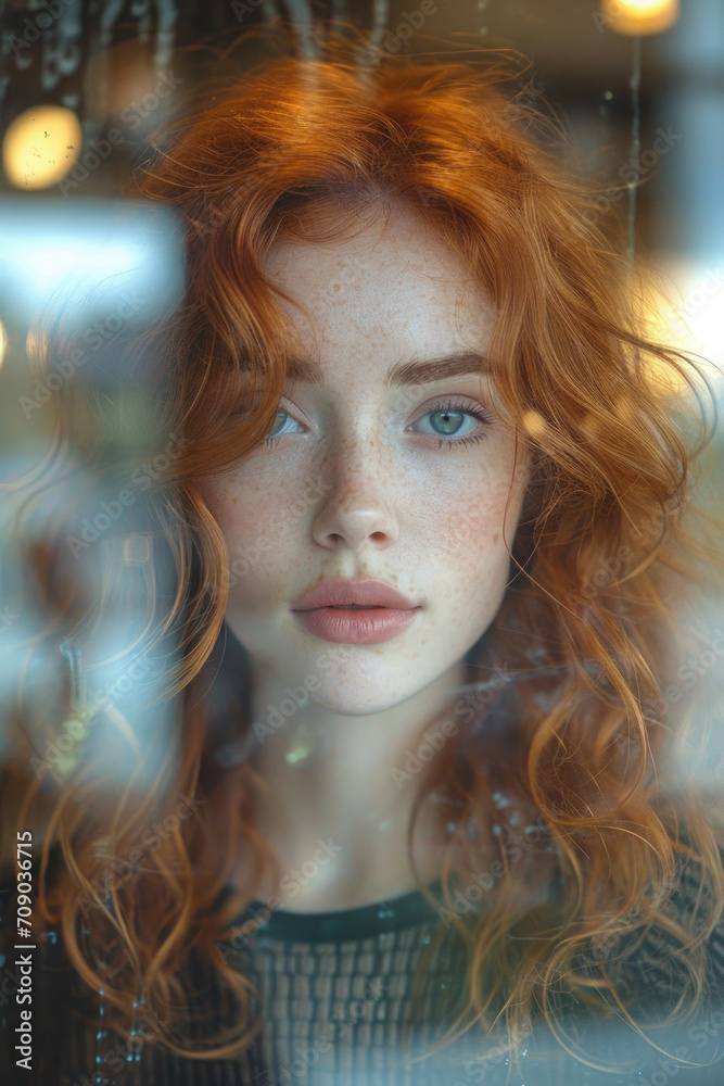 Canvas Prints beautiful woman with red curly hair and freckles on her face