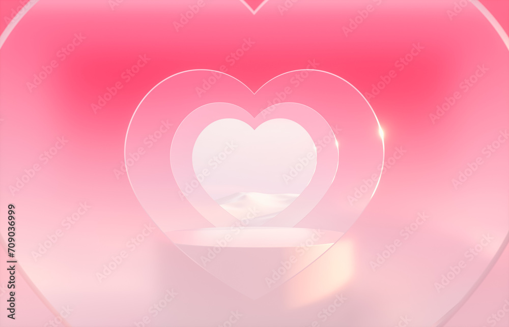 Poster romantic scene with heart shaped frame on winter landscape background. 3d rendering