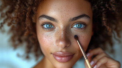 beautiful woman with curly hair and freckles on her face applies makeup at home using a brush - obrazy, fototapety, plakaty