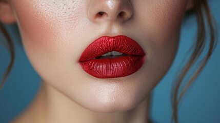 Naklejka premium Close-up of lips with bright lipstick. Beautiful woman's face, makeup, cosmetics.