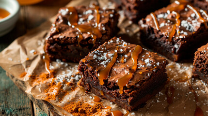 chocolate brownie with salted caramel. Selective focus. - obrazy, fototapety, plakaty