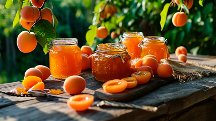 Apricot jam in the garden. Selective focus.