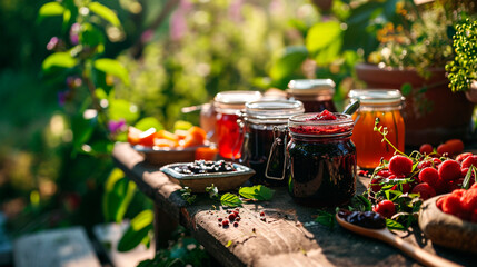 Various berries jam in the garden. Selective focus. - obrazy, fototapety, plakaty