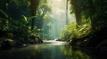 Deep tropical jungle river with foggy sun rays view in the morning. Generate AI image