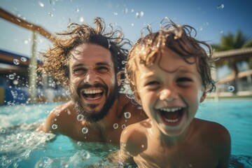 parent and their child are laughing joyously while splashing in the shimmering blue water of a pool, under the clear sky, blurred background