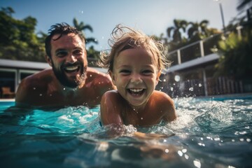 parent and their child are laughing joyously while splashing in the shimmering blue water of a pool, under the clear sky, blurred background