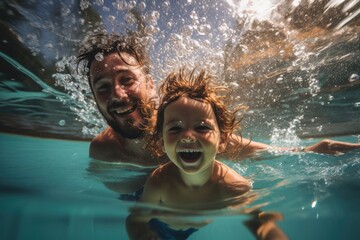 With water flying around them, a parent and child share a delightful swim, grinning widely under the bright sun, blurred background