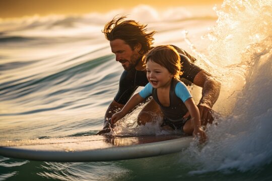 father and son catch a wave together, the thrill of surfing bonding them in the golden sunlight, blurred background - Powered by Adobe