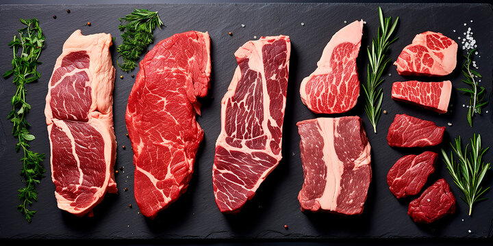 A set of juicy raw steaks and meats with spices and herbs. On a dark background. Flat lay